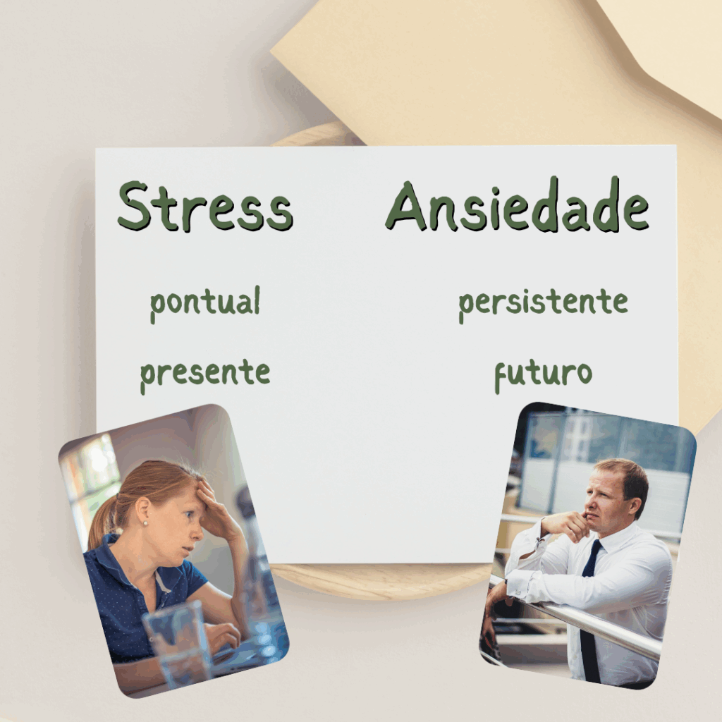 Quadro comparativo entre stress e ansiedade, com descrições 'pontual' e 'presente' para stress e 'persistente' e 'futuro' para ansiedade; acompanhado por fotos de uma mulher e um homem com expressões de preocupação.